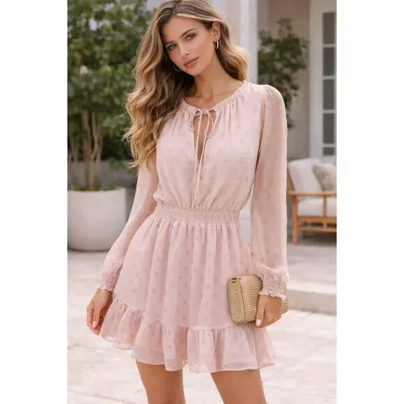 WAYF Dede x Emily Pink Swiss Dot Mini Dress Size S Romantic Ruffle Hem - Picture 1 of 9